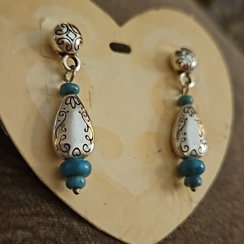 VTG BRIGHTON Hopi Dreams Silver Plated Turquoise Scroll Teardrop Dangle Earrings